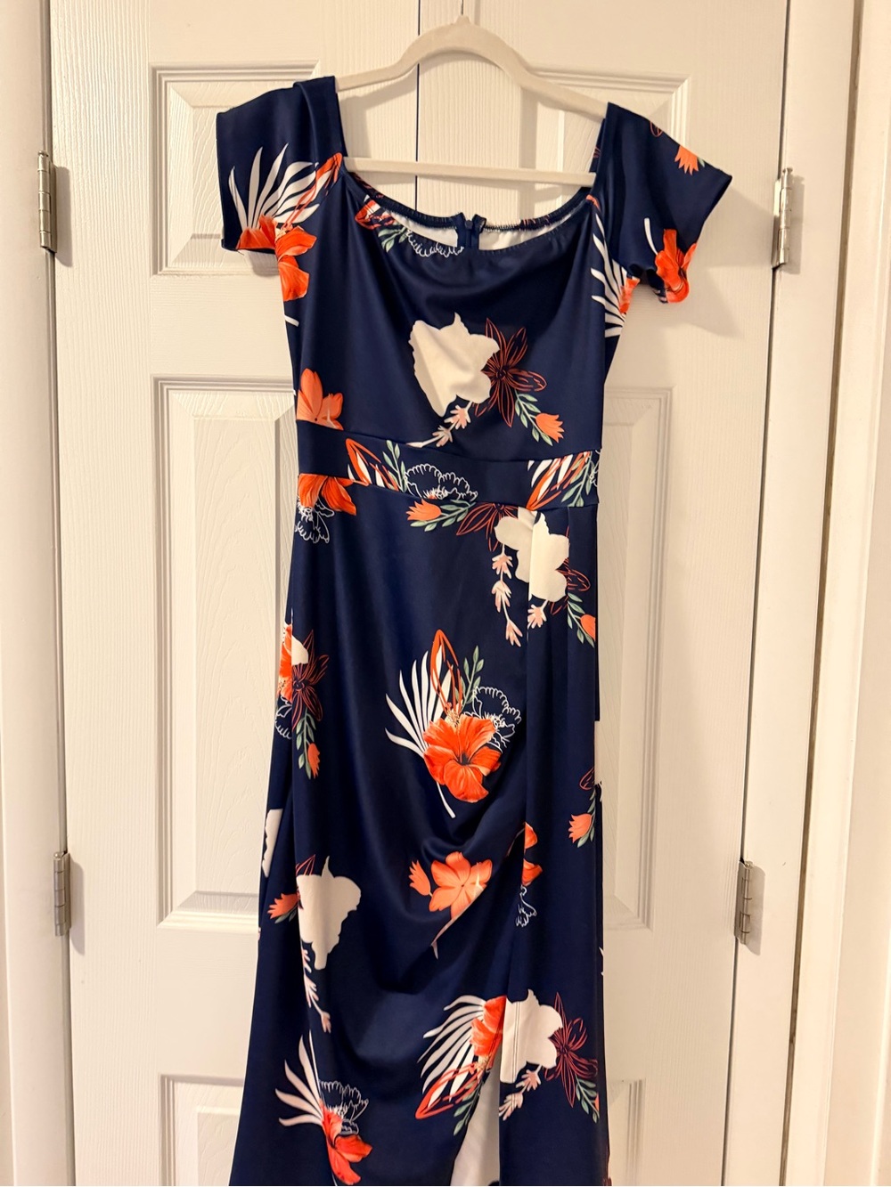 Navy Floral Off-Shoulder Maxi Dress with Orange Tropical Flowers